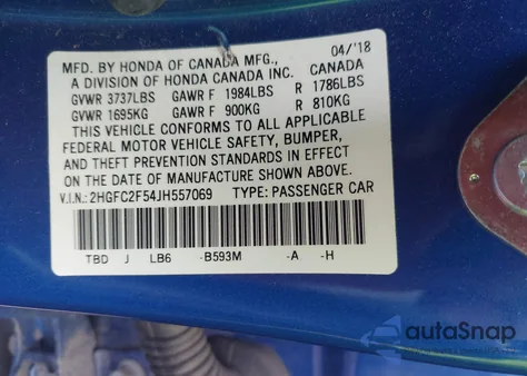 2018 Honda Civic Lx из США, поврежденный, VIN 2HGFC2F54JH557069